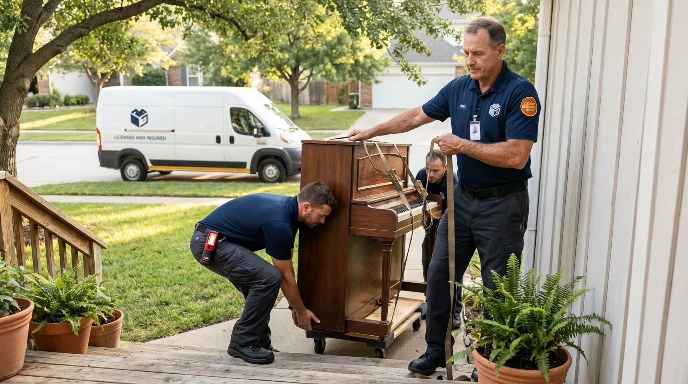 Licensed piano movers securing grand piano in Union Springs, NY