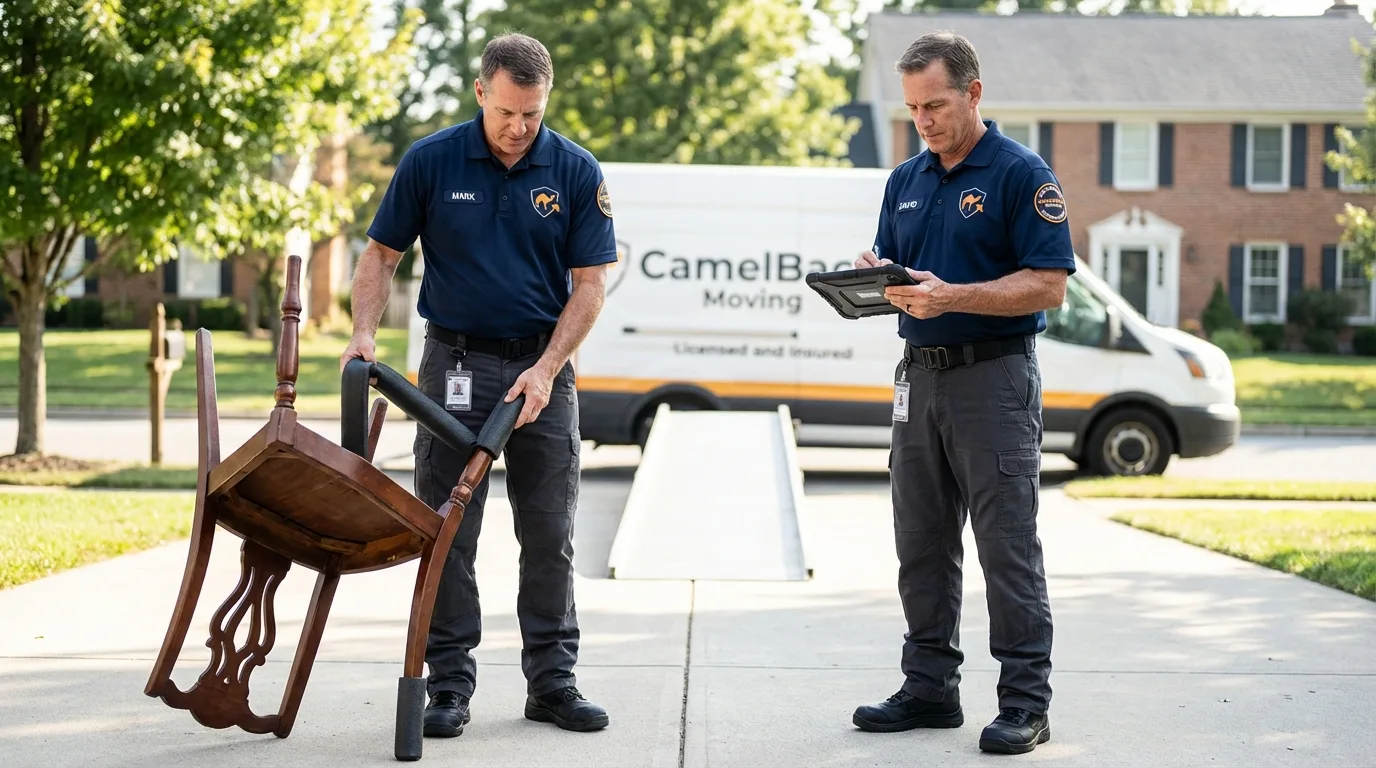 Movers inspecting furniture for damage prevention before loading in Union Springs, NY