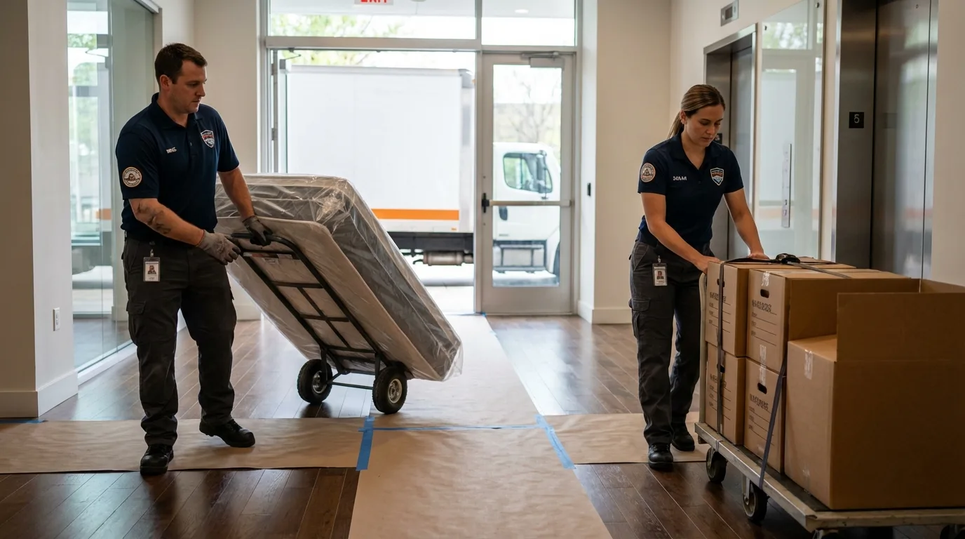 Professional apartment movers loading elevator in Union Springs, NY