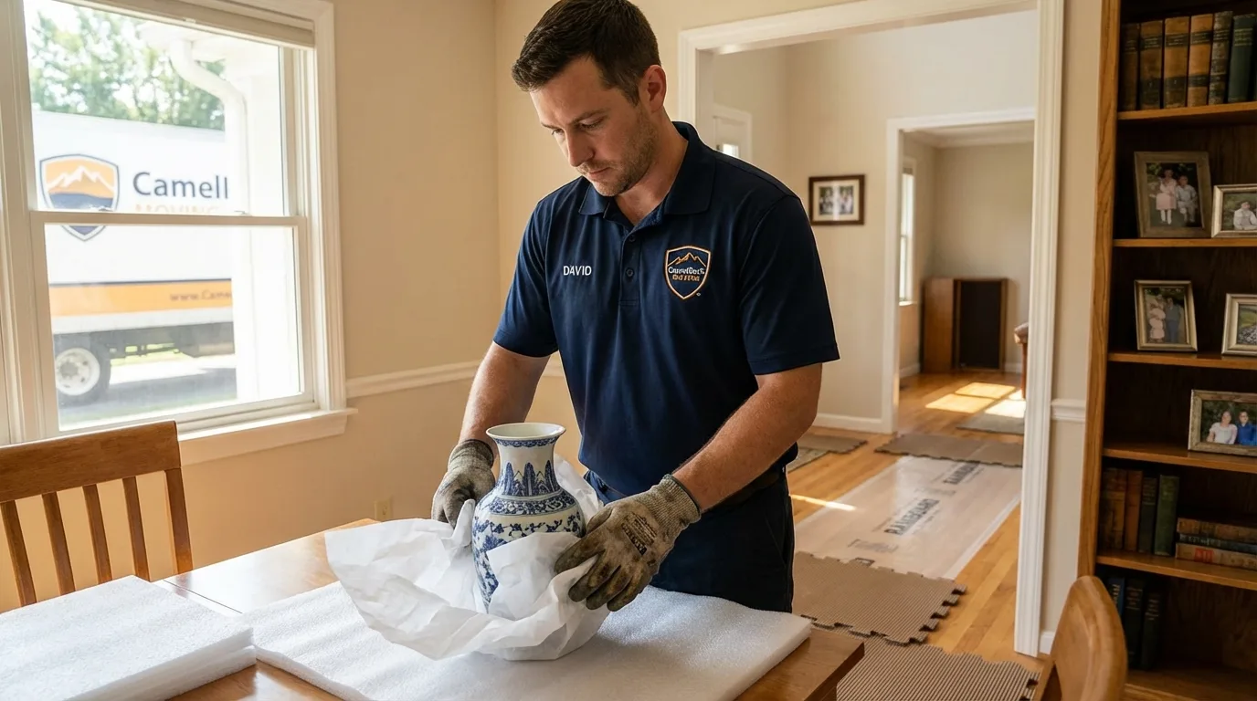 Professional crew carefully wrapping antique vase for senior downsizing move in Union Springs, NY