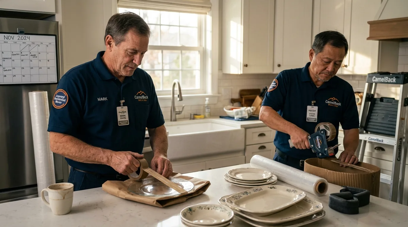 Professional crew packing kitchen dishware in Union Springs, NY